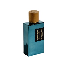 Goldfield & Banks Tales Of Amber Parfum in a teal blue bottle with gold cap, rectangular flacon with black label