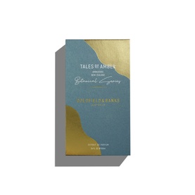 Goldfield & Banks Tales Of Amber Parfum, teal and gold rectangular box packaging with botanical script design