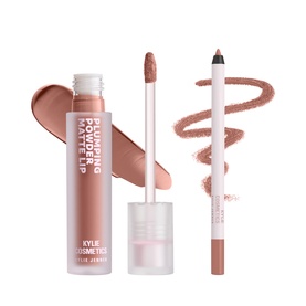 Kylie Cosmetics lip kit with plumping powder lip gloss and matching nude-toned lip liner pencil, shown with swatch