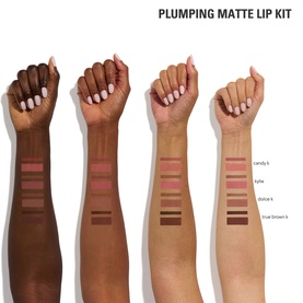 Kylie Cosmetics Plumping Matte Lip Kit swatches in four shades shown across four skin tones: candy k, tube, dolce k, true brown k.