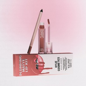 Kylie Cosmetics Plumping Matte Lip Kit with lip liner pencil, liquid lipstick, and branded box in neutral nude shade