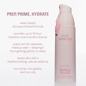 Kylie Cosmetics Supple Glaze Hydrating Primer in pink pump bottle with prep, prime, hydrate benefit claims