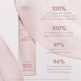 Kylie Cosmetics Supple Glaze Makeup Primer in pink bottle displayed with key statistics highlighting skin benefits.