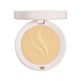Kylie Cosmetics Face Powder in Deep Peach, compact with embossed wave design, pale cream pressed powder, white rose gold case