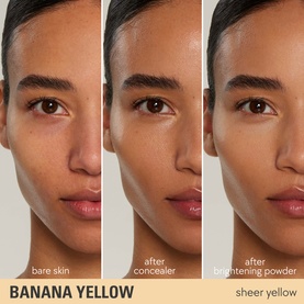 Three-step model skin swatch showing Kylie Cosmetics Face Powder in Deep Peach: bare skin, after concealer, after brightening powder