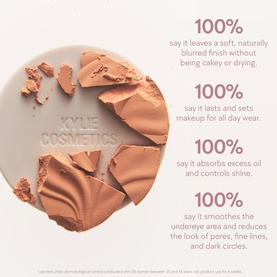 Kylie Cosmetics Face Powder in Deep Peach, shown broken open to reveal warm peachy tone, with 100% claims on white background.