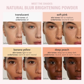 Kylie Cosmetics Natural Blur Brightening Powder shade guide showing four shades: translucent, soft pink, banana yellow, and deep peach on four skin