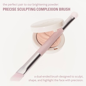 Kylie Cosmetics Precise Sculpting Complexion Brush, dual-ended design in pale pink, shown alongside a Deep Peach face powder compact