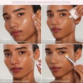 Model with Kylie Cosmetics Face Powder in Deep Peach; four-step tutorial showing primer, coverage elixir, concealer and brightening powder