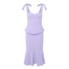 Lavish Alice lilac peplum midi dress with tie-shoulder straps, sweetheart neckline, and fishtail hem
