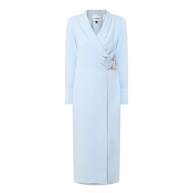 Lavish Alice blue wrap midi dress with long sleeves, V-neckline, and embellished brooch detail at the waist