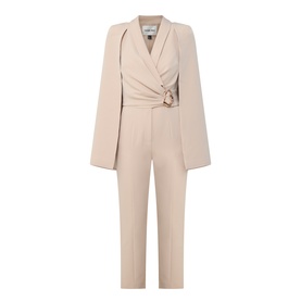 Lavish Alice sand jumpsuit with wrap-front blazer top, D-ring waist tie, cape sleeves, and tailored straight-leg trousers