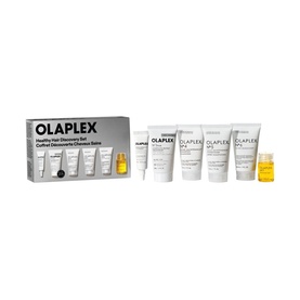 Olaplex The Healthy Hair Discovery Set with box, five mini tubes and a small oil vial in white and gold packaging