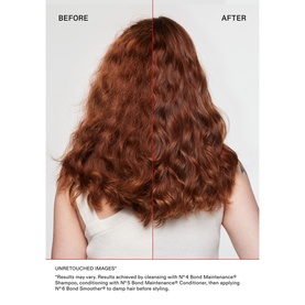 Olaplex The Healthy Hair Discovery Set before and after split image showing transformed red wavy hair with enhanced shine and definition.