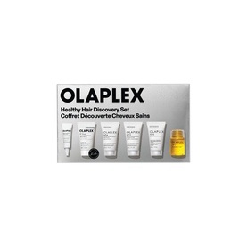 Olaplex The Healthy Hair Discovery Set featuring five miniature hair care products in white tubes and one gold oil bottle