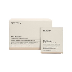 Sisterly The Booster For Pregnancy or Breastfeeding supplement, white box with sachets, energy, immunity and hormone support formula