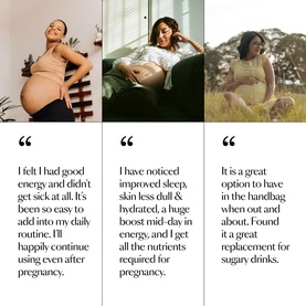 Sisterly Beauty All supplements lifestyle image with three models and customer review quotes about energy, sleep, and pregnancy benefits.