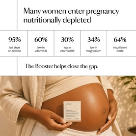 Sisterly The Booster pregnancy supplement held by a pregnant model, with nutritional statistics infographic overlay