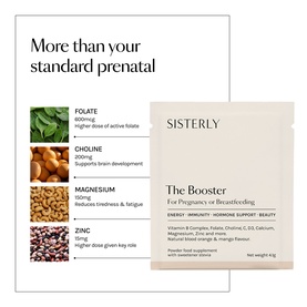 Sisterly The Booster supplement for pregnancy or breastfeeding, powder format sachet with key ingredient icons including folate, choline, magnesium