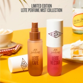 Sol de Janeiro Leite Nectar Perfume Mist and Leite Cafe Perfume Mist, Limited Edition collection, displayed on yellow surface