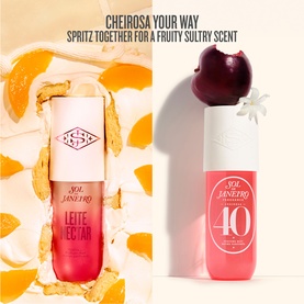 Sol De Janeiro Leite Nectar Perfume Mist and Cheirosa 40 body mist bottles styled with citrus fruit and cherry accents