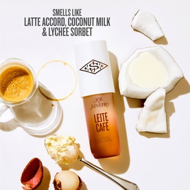 Sol De Janeiro Leite Caf&eacute; Perfume Mist bottle styled with coffee, coconut milk, lychee sorbet and cream, highlighting key fragrance notes