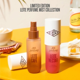 Sol de Janeiro Leite Caf&eacute; and Leite N&eacute;ctar Perfume Mist duo, Limited Edition collection, displayed upright on yellow surface