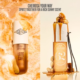 Sol de Janeiro Leite Caf&eacute; Perfume Mist and Cheirosa 62 body mist bottles styled with vanilla, caramel and coffee accents
