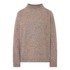 A.P.C. taupe crew neck jumper in wool-alpaca blend, featuring a relaxed fit and subtle mock-neck collar