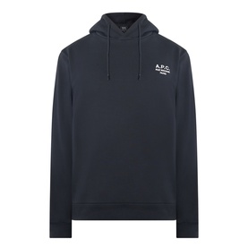 A.P.C. black cotton hoodie with embroidered logo chest print and drawstring hood, flat lay product shot