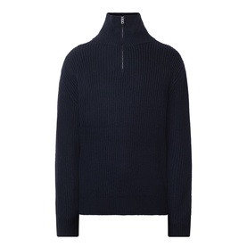 A.P.C. dark navy 100% virgin wool ribbed knit half-zip jumper with high funnel neck