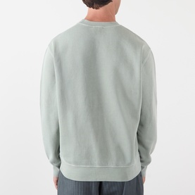 Model wearing A.P.C. Fernando Logo Sweatshirt in gray green, crew neck, regular fit, rear view showing dropped shoulders and ribbed hem.