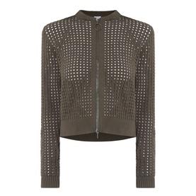 Akris Punto olive cotton cardigan with all-over perforated mesh pattern and zip fastening, long sleeves and ribbed trim