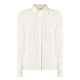 Akris Punto cream ribbed wool cardigan with collar and button-front placket, long sleeves