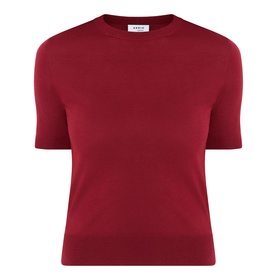 Akris Punto pomegranate virgin wool knit T-shirt with crew neck and short sleeves, flat lay