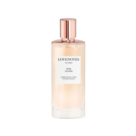 Ariana Grande Lovenotes by Ariana EDP in a pale pink glass bottle with rose gold cap, jasmine, petals, tonka and cedarwood notes.