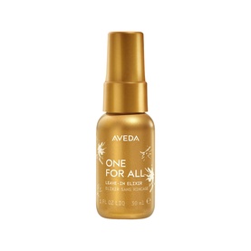 Aveda One For All Leave-In Elixir in a gold bottle with botanical leaf detailing, travel size