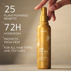 Aveda One For All Hair Oil Spray in gold bottle, 25 plant-powered benefits, 72H hydration, heat protection for all hair types