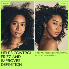Before and after showing Aveda Be Curly Advanced hair treatment results: reduced frizz and enhanced curl definition on natural hair.