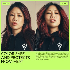 Aveda before and after comparison showing colour-safe heat protection hair treatment results on long dark red hair.