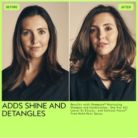 Aveda before and after showing added shine and detangled hair results using Shampure, One For All Leave-In Elixir and Control Force products