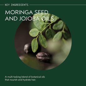 Aveda hair treatment key ingredients: moringa seed and jojoba oils with botanical plants, described as a multi-tasking nourishing blend.