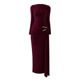 Club London burgundy long-sleeve maxi dress with gold pin detail and side split, no model shown.