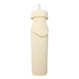 Cream halterneck maxi dress with structured peplum bodice and column skirt, no model, flat lay presentation