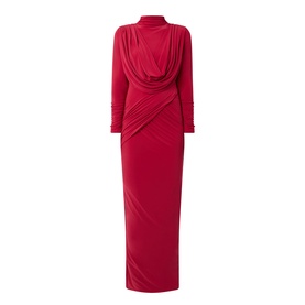 Club London red maxi dress with high neck, draped cowl front, ruched waist detail, and long sleeves in stretch fabric