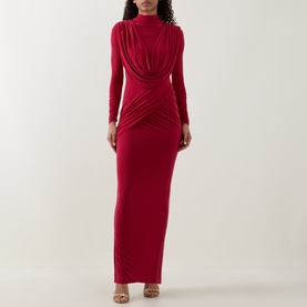 Model wearing Club London red long-sleeve maxi dress with high neck, draped chest detail and ruched side, in stretch fabric.