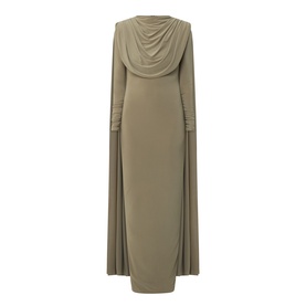 Khaki green draped cowl neck maxi dress with long cape sleeves, fitted silhouette, floor-length hem