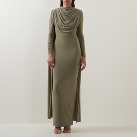 Model wearing khaki green long sleeve maxi dress with draped cowl neck overlay detail and fitted silhouette