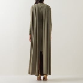 Model wearing khaki maxi open-front duster cardigan with long sleeves and back vent, styled with matching dress and heeled sandals