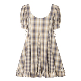Damson Madder dress in Cardamon Mix Check, puff sleeves, scoop neck, gathered waist, ruffle hem, 100% cotton